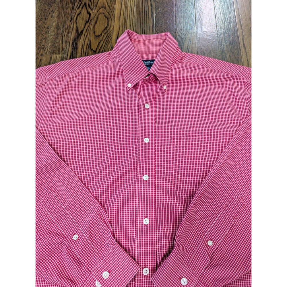 Brooks Brothers Button Down Shirt Men's L Dark Pink White Plaid Non-Iron Oxford